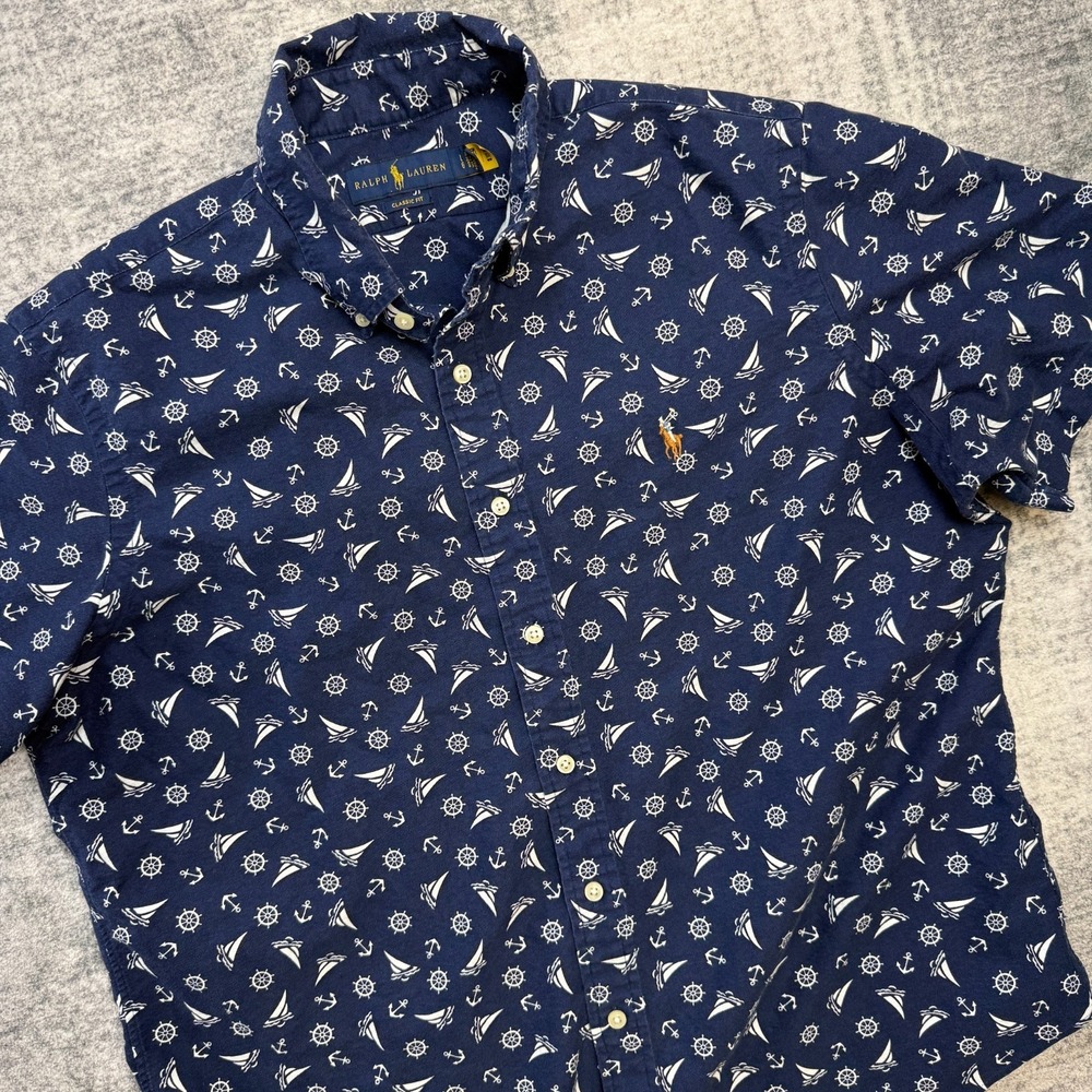 Polo Ralph Lauren Shirt Mens Large Nautical Print Oxford Cotton Flesh Pony Boats